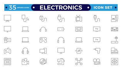 Electronics outline icons. Vector illustrations include icons - hardware, keyboard, disk, HVAC, kitchen appliances, headphones, router, chip, and computer . Editable stroke outline icon.