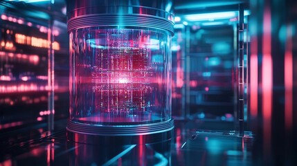 Futuristic Quantum Computer in Glass Chamber Glowing with Energy for Real Time Quantum State Observation