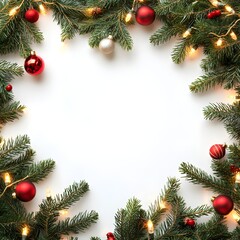 Festive Christmas Frame with Ornaments, Lights, and Branches on White Background