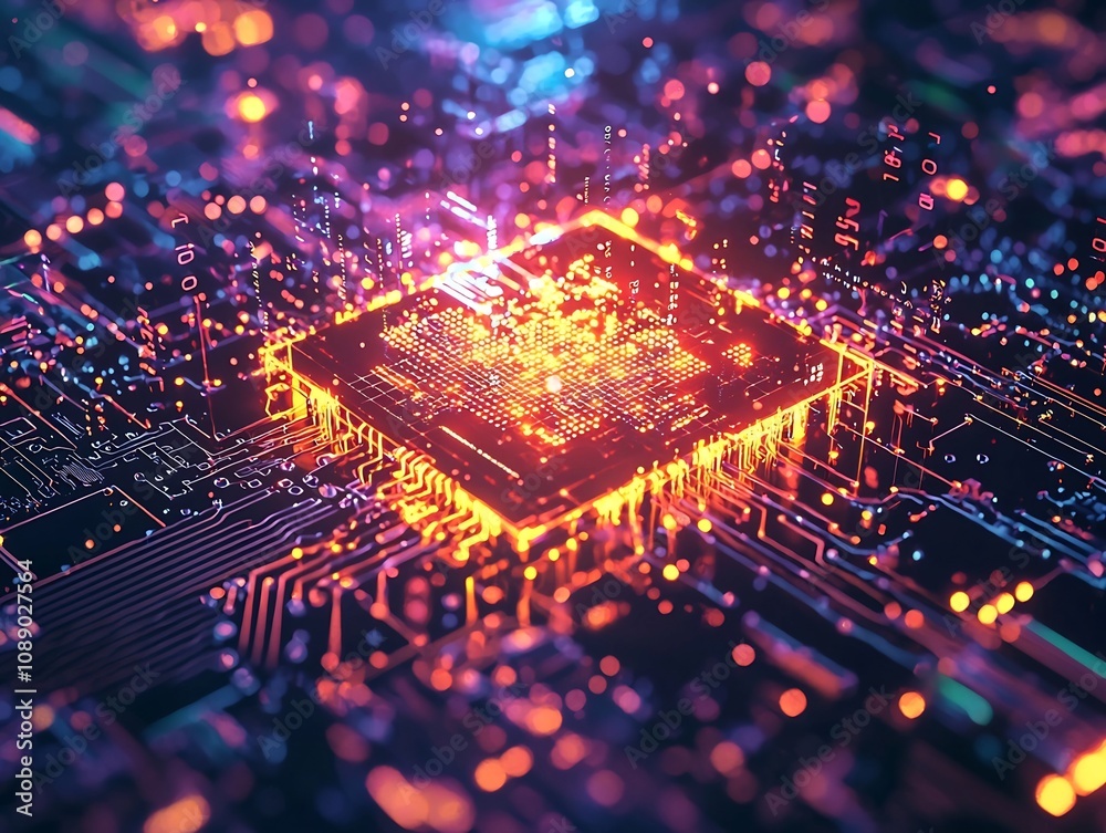 Aufkleber glowing quantum computer with entangled particles and digital circuits quantum technology concept