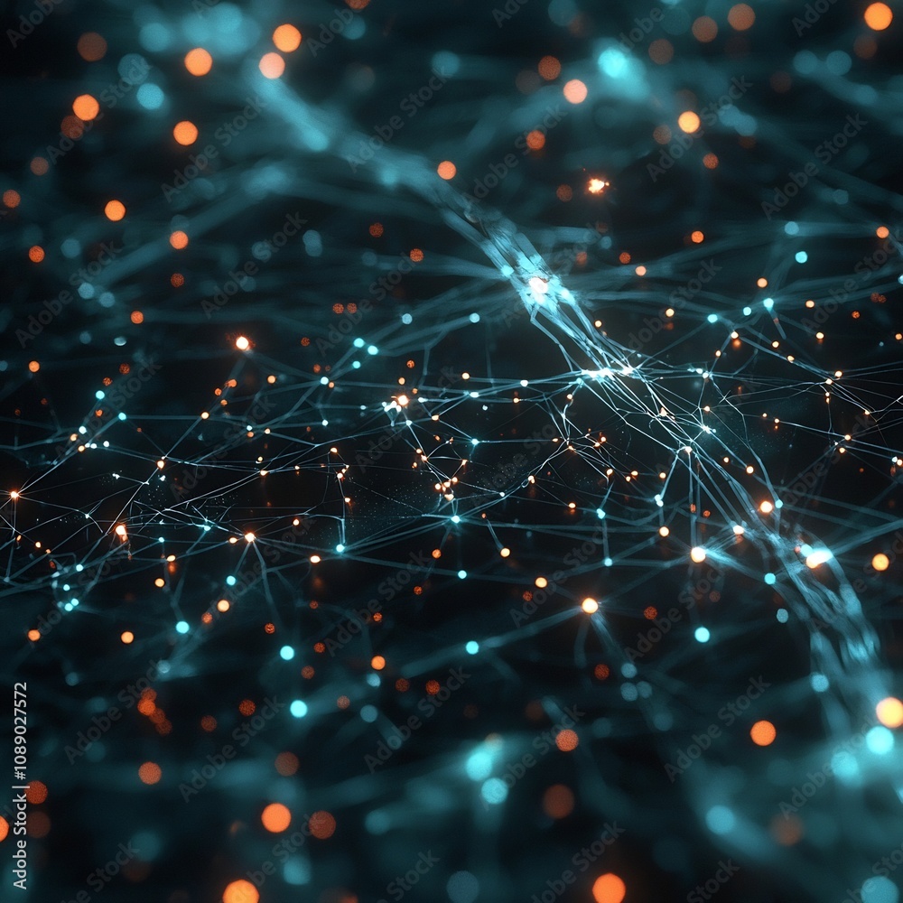 Poster futuristic quantum network symbolizing global quantum communication and computing
