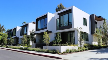 A row of white houses with green trees in front of them. The houses are all the same size and are lined up next to each other