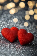 Two red hearts on a glittering background with bokeh lights, a romantic Valentine's Day background, a love concept. 