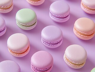 Obraz premium Pastel Colored 3D Mini Macarons in Repeating Pattern on Soft Lavender Background