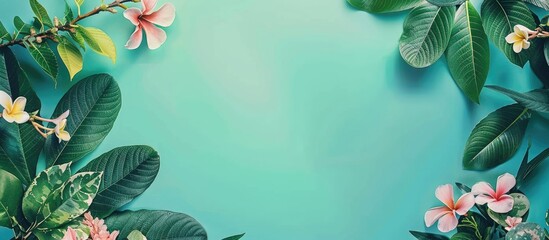 Tropical Green Leaves and Flowers Frame Design on Aqua Background