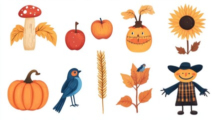 Scarecrow in farm land as Fall seasonal decorations. Seasonal theme for greeting card background.