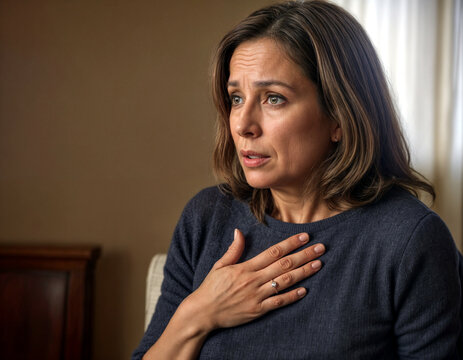 mujer de mediana edad con expresion de ansiedad  mano en el pecho