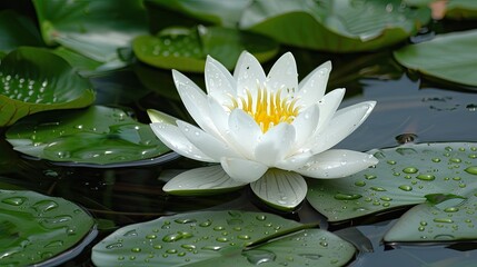White water lily with yellow center blooms in a pond. Perfect for websites, blogs, and social media posts about nature, serenity, or peace.