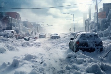 Snow falling on city street with cars covered in snow, creating winter city in a post-apocalyptic world scene