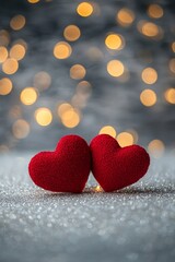 Fototapeta premium Two red hearts on a glittering background with bokeh lights, a romantic Valentine's Day background, a love concept. 