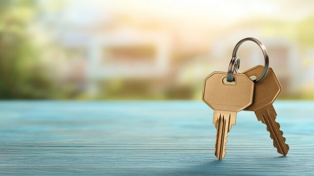 Golden House Keys on Wooden Surface, Blurred Backyard, New Home, Real Estate, Property Ownership