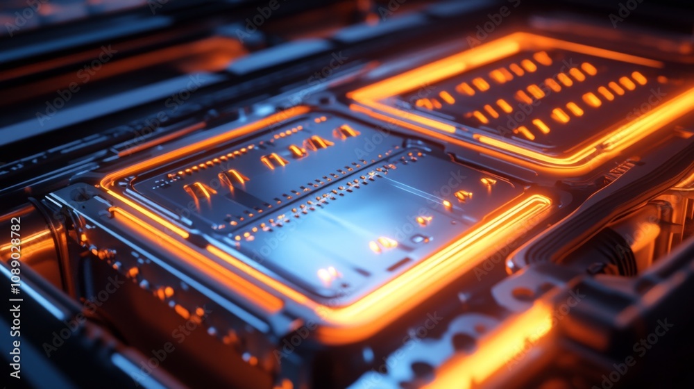 Poster A close-up of a sophisticated circuit board featuring illuminated orange lights, showcasing intricate patterns and textures.