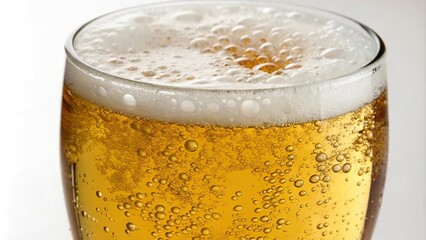 Bubbles and foam on the surface of a glass full of cold beer, beverage containers, carbonated drinks