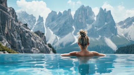 Woman relaxes in infinity pool. Perfect for promoting travel, luxury, or relaxation.