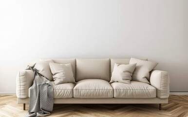 A beige sofa with pillows and a blanket sits in front of a white wall, with a green plant in a pot on the left. The floor is made of light wood planks