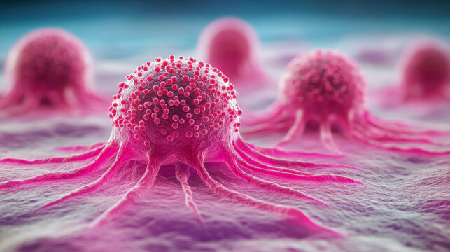Detailed view of cancer cells with tentacle-like projections on a surface under a microscope during laboratory research