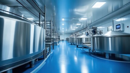 Fototapeta premium A large industrial building with many tanks and pipes. The tanks are silver and the floor is blue