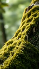 Lush moss blankets a tree trunk in a Pacific Northwest forest during the afternoon