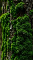 Lush green moss thrives on a tree trunk during a spring afternoon