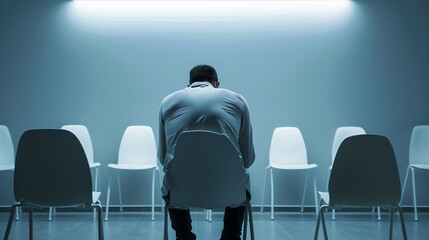 Obraz premium Man sitting alone in a minimalist room, head in hands, surrounded by empty chairs and a blank wall, symbolizing isolation and emotional distress. Focus on solitude and emotional struggle.