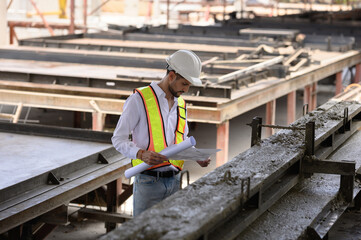 Young engineer wearing a hard hat in a factory inspecting the work on a construction site and pouring cement.