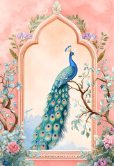 Naklejka premium Mughal garden with peacock and floral border frame.