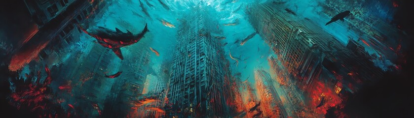 Fototapeta premium Surreal underwater cityscape with vibrant coral, mysterious structures, and diverse marine life. Perfect for fantasy, sci-fi, or environmental themes.