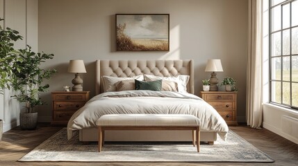 Fototapeta premium Here's a possible and keyword list for your stock photo.. Serene bedroom with upholstered bed, wooden nightstands, and natural light.