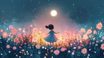 Watercolor  illustration lullaby theme, A serene illustration of a girl in a flower field under a luminous moon, surrounded by vibrant blossoms and a starry sky.