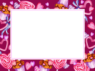 white frame of valentine day theme with different watercolor hearts, sweets, lollipops, candies and muffins, hand draw illustration, pink, lilac color sketch on purple background for party decoration