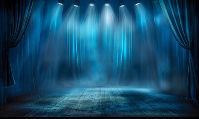 Empty stage with blue curtains, spotlights, and a wooden floor creates a dramatic, theatrical atmosphere.
