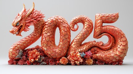 Red dragon forming the numbers 2025, adorned with intricate scales and surrounded by decorative flowers, symbolizing Chinese New Year and festive traditions.