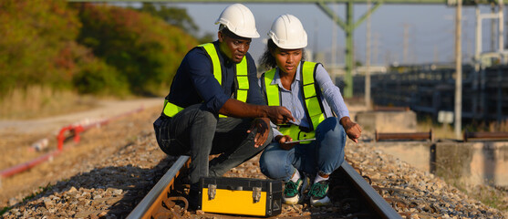 Male and female engineers check the drawing system inspection with the real pipe system of the new...