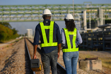 Male and female engineers check the drawing system inspection with the real pipe system of the new...