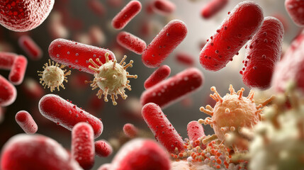 Naklejka premium Red bacteria and viruses in microscopic view, showcasing microbial life