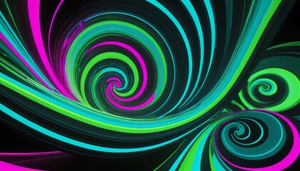 Fototapeta premium Dynamic swirling abstract patterns in neon pink and green on dark background