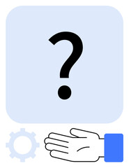 Hand extended beneath a question mark and a gear symbol signifying help, support, problem-solving, and collaboration. Ideal for consulting, assisting, service, teamwork, inquiry troubleshooting