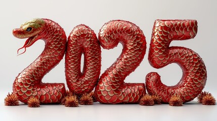 Obraz premium Red and gold snake forming the number 2025, adorned with intricate scales and festive decorations, symbolizing the Chinese New Year and snake zodiac celebration.