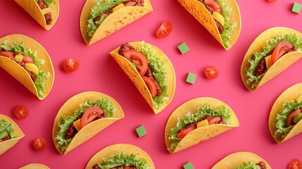 Playful 3D Mini Tacos Bursting with Vibrant Mexican Inspired Ingredients on Colorful Background