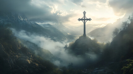 Naklejka premium rustic iron cross rising prominently over tranquil valley, surrounded by misty mountains