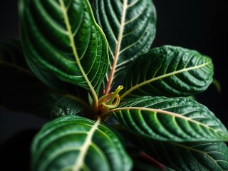 Obraz premium Croton plant in a studio setup, captured in extreme close-up to reveal its unique leaf structures and veins, macro photography, botanical images