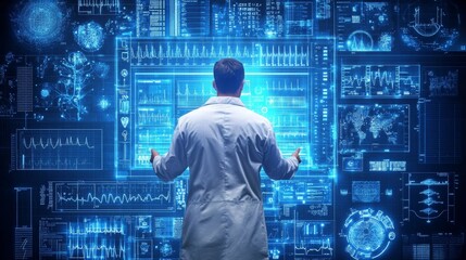 Healthcare professional evaluating advanced medical data on a high tech digital interface