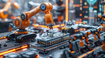 A robotic arm works on a complex production line with futuristic equipment and technology.