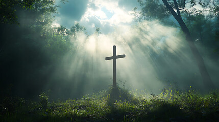 Naklejka premium serene scene of cross standing tall in ancient forest, illuminated by soft rays of light