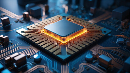 A futuristic microchip with radiant neon glow at its core, surrounded by intricate circuitry in a dark, moody environment, creating a striking visual of advanced technology.