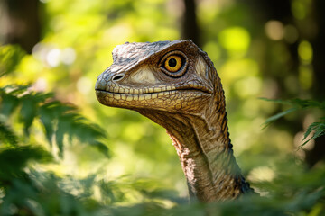 Obraz premium Close-up of a realistic dinosaur head peeking through lush green foliage, with bright yellow eyes and detailed scales, evoking a prehistoric jungle atmosphere.