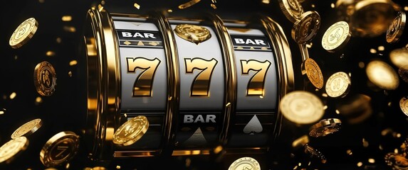 3D slot machine with gold coins and the golden number "777"