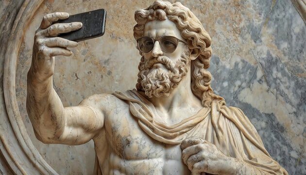 Naklejki A classic marble statue taking a selfie with a smartphone.