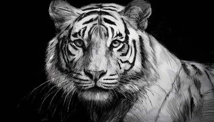 Detailed black and white sketch of a tiger's face with intense gaze.