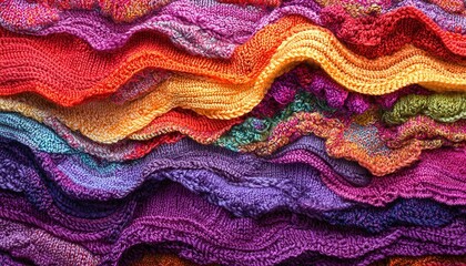 Colorful knitted fabric layers in vibrant hues, showcasing intricate patterns and textures for creative inspiration and design ideas.
